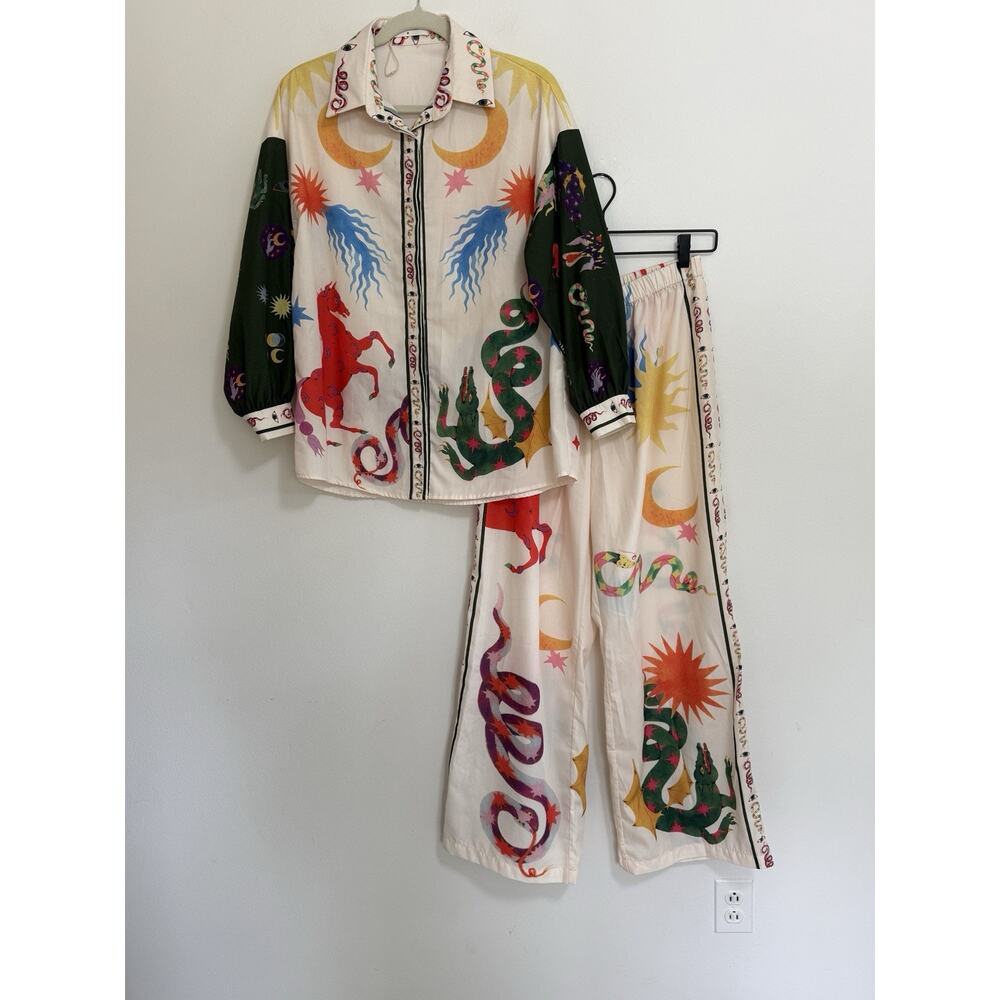 Commense Wonderland Print Two Piece Shirt Pants Set Size M Multicolor - Picture 2 of 8